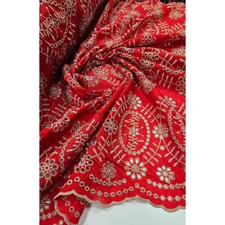 Tecido Layse Bordada Bicolor Fundo Vermelho com Bordado Kaki Modelo I30