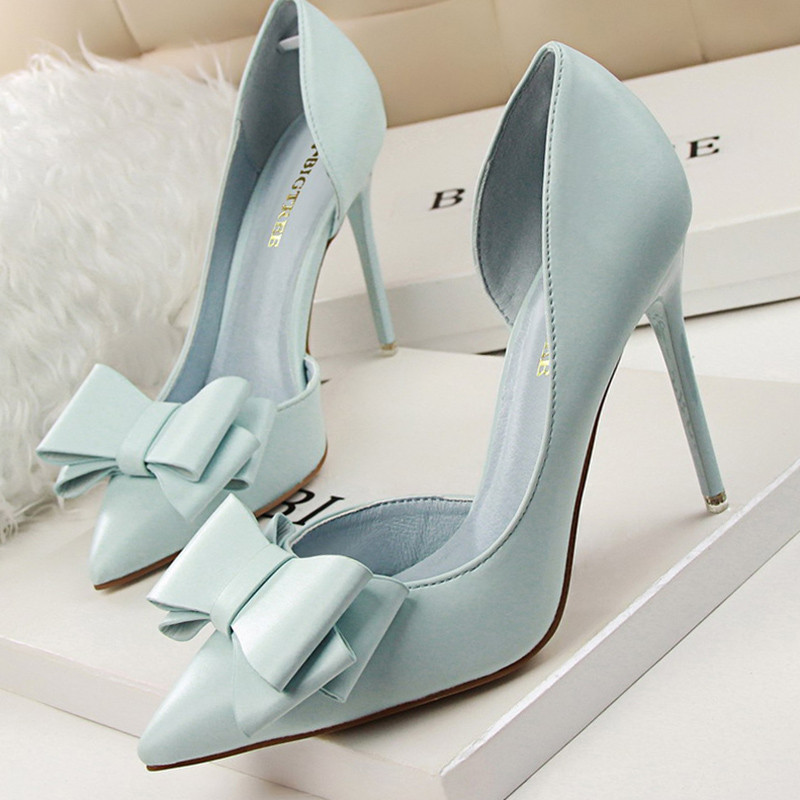 Mulheres 7,5cm 10cm Saltos Altos Bombas Coreanas Scarpins Cute Bow Middle Low Heels Lady Fetish Sweet Wedding Bridal Yellow Blue Shoes