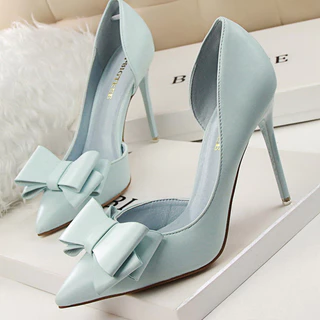 Mulheres 7,5cm 10cm Saltos Altos Bombas Coreanas Scarpins Cute Bow Middle Low Heels Lady Fetish Sweet Wedding Bridal Yellow Blue Shoes