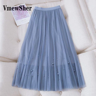 VmewSher Girls Summer Korean Style Mesh Skirt Women New Mid-calf Length Elástico Longo De Cintura Alta Linha A Saias De Fios De Rede Pregueados