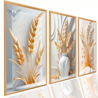 Quadros Decorativos 3 Peças Trigos Dourados Prosperidade Abundância Para Parede Sala Quarto Cozinha Decoração Mdf 50x30 JK