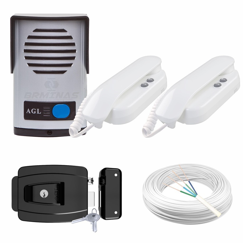 Kit Interfone Com 2 Fones + Fechadura Elétrica + 100 Mt Cabo | Shopee ...