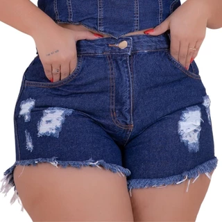Short Jeans Plus Size Barra Desfiada Cintura Alta