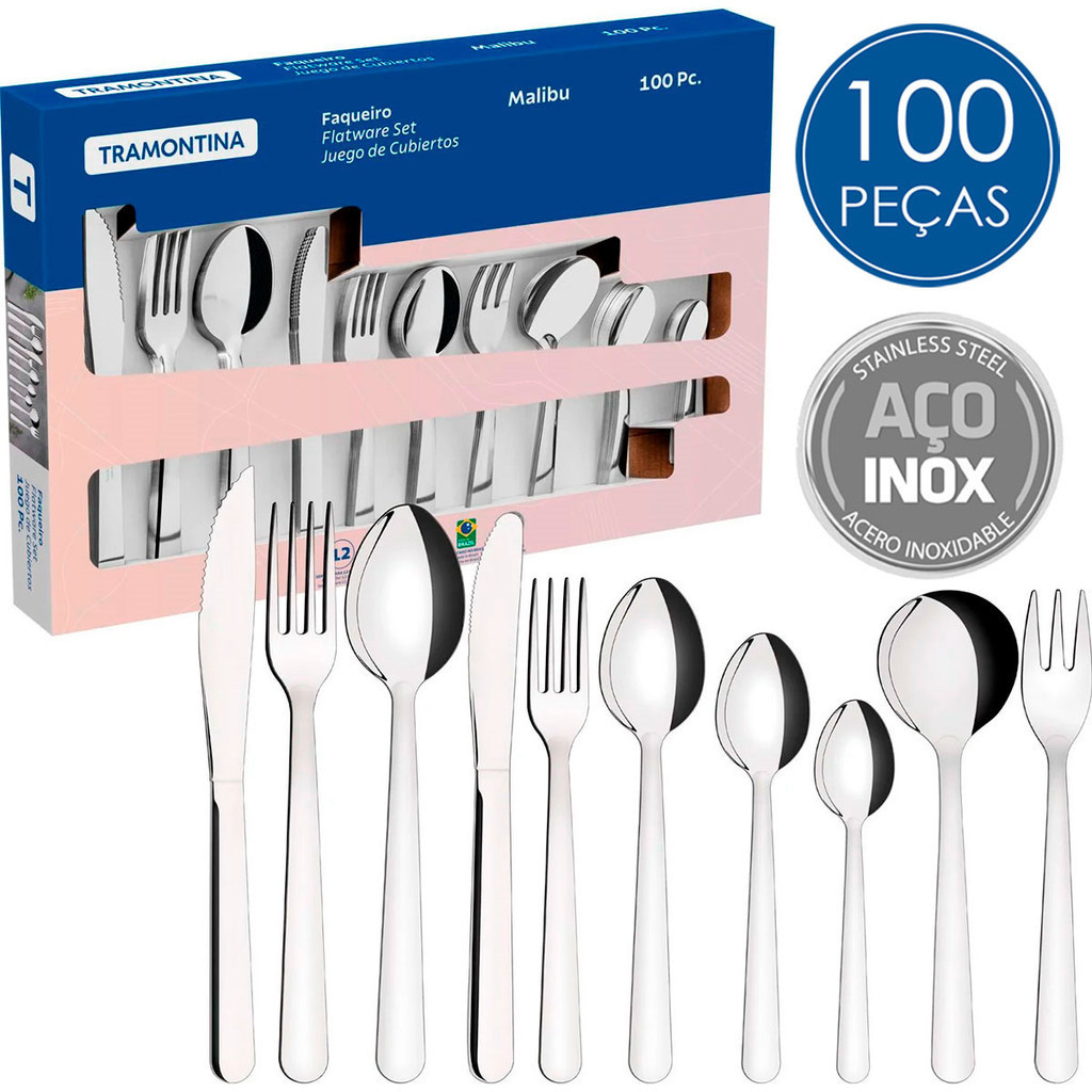 Faqueiro Tramontina Malibu em Aço Inox 100 Peças | Shopee Brasil