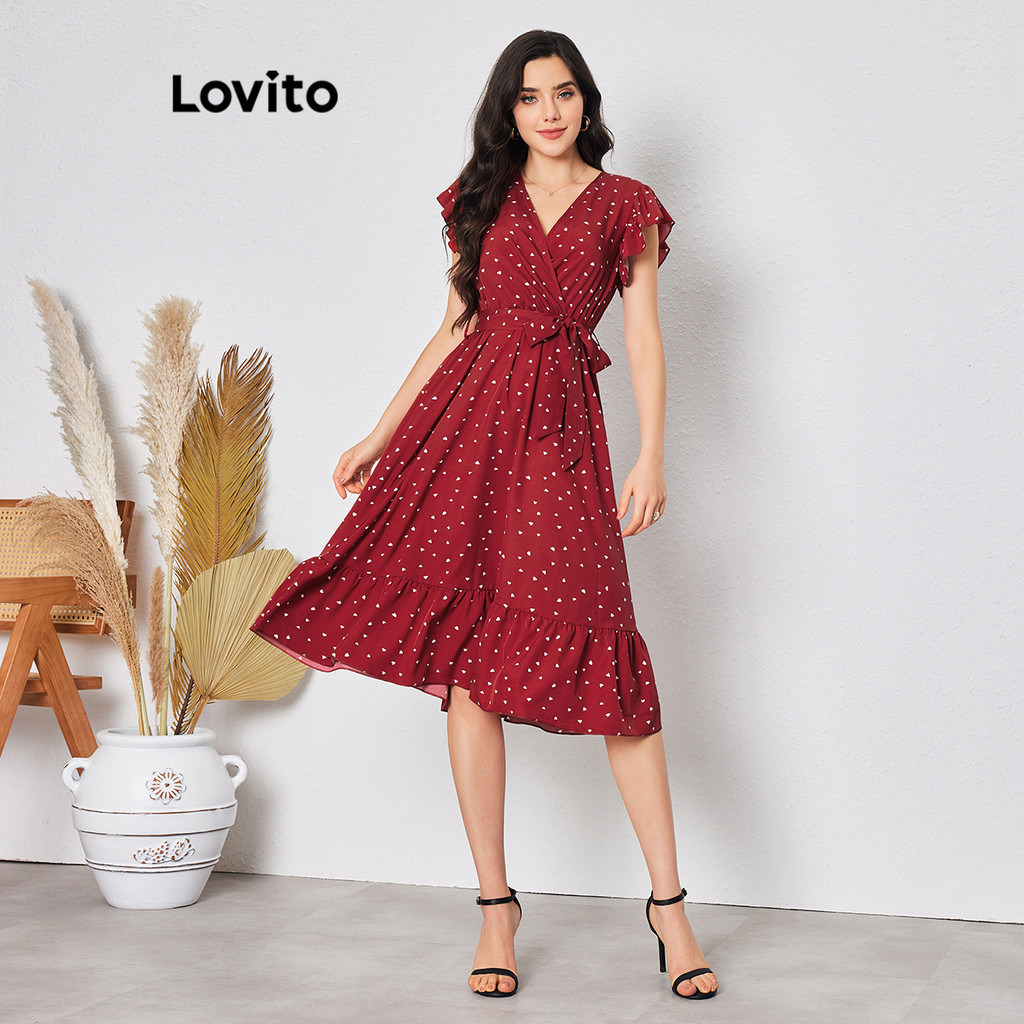 Lovito Vestido Boho Ditsy Floral Com Cinto E Babados Para Mulheres LBL08133