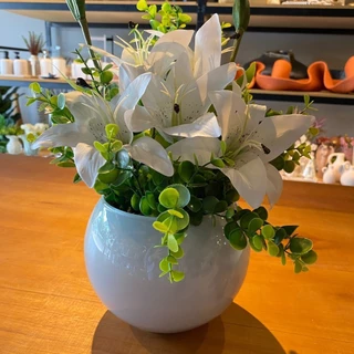 Arranjo Centro de Mesa Lírio Branco Completo Artificial Vaso Branco