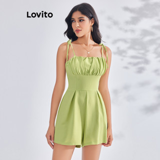Lovito Macaquinho Casual Liso Franzido Com Renda Para Mulheres LBE03105 (Verde)