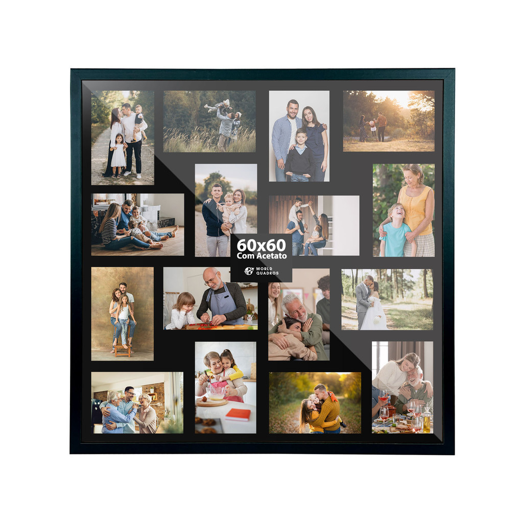 Quadro Multifotos 16 Foto 10x15 Mural Painel Moldura 60x60cm Parede Sala Quarto Fundo Preto Retrato Criativo Pop Acetato