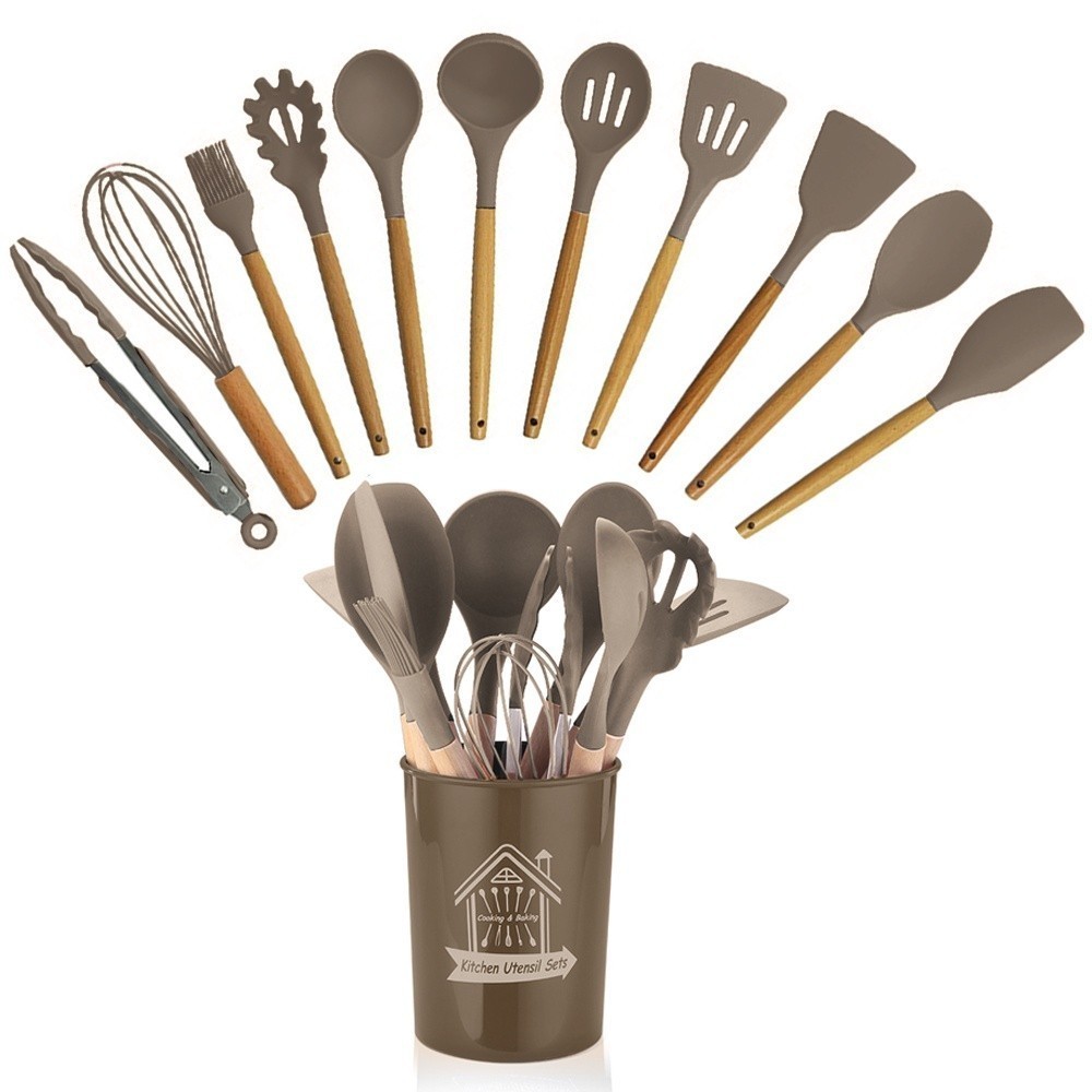 Kit Utensílios Cozinha Silicone 12 Peças Reforçado Com Cabo De Madeira Linha Premium