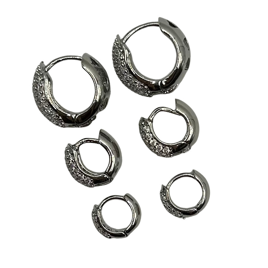 Conjunto semijóia Trio Brincos Argola Cravejada Ouro Branco