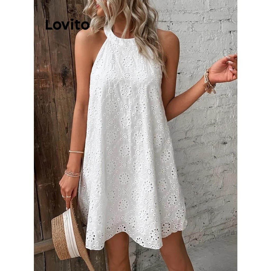 Lovito Casual Vestido Feminino Liso com Ilhós Bordados LNL39018 (Laranja/Branco/Preto)
