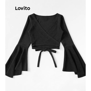 Lovito Camiseta Feminina Casual Lisa Com Babados E Gravata Frontal LNE31198 (Branco Preto)