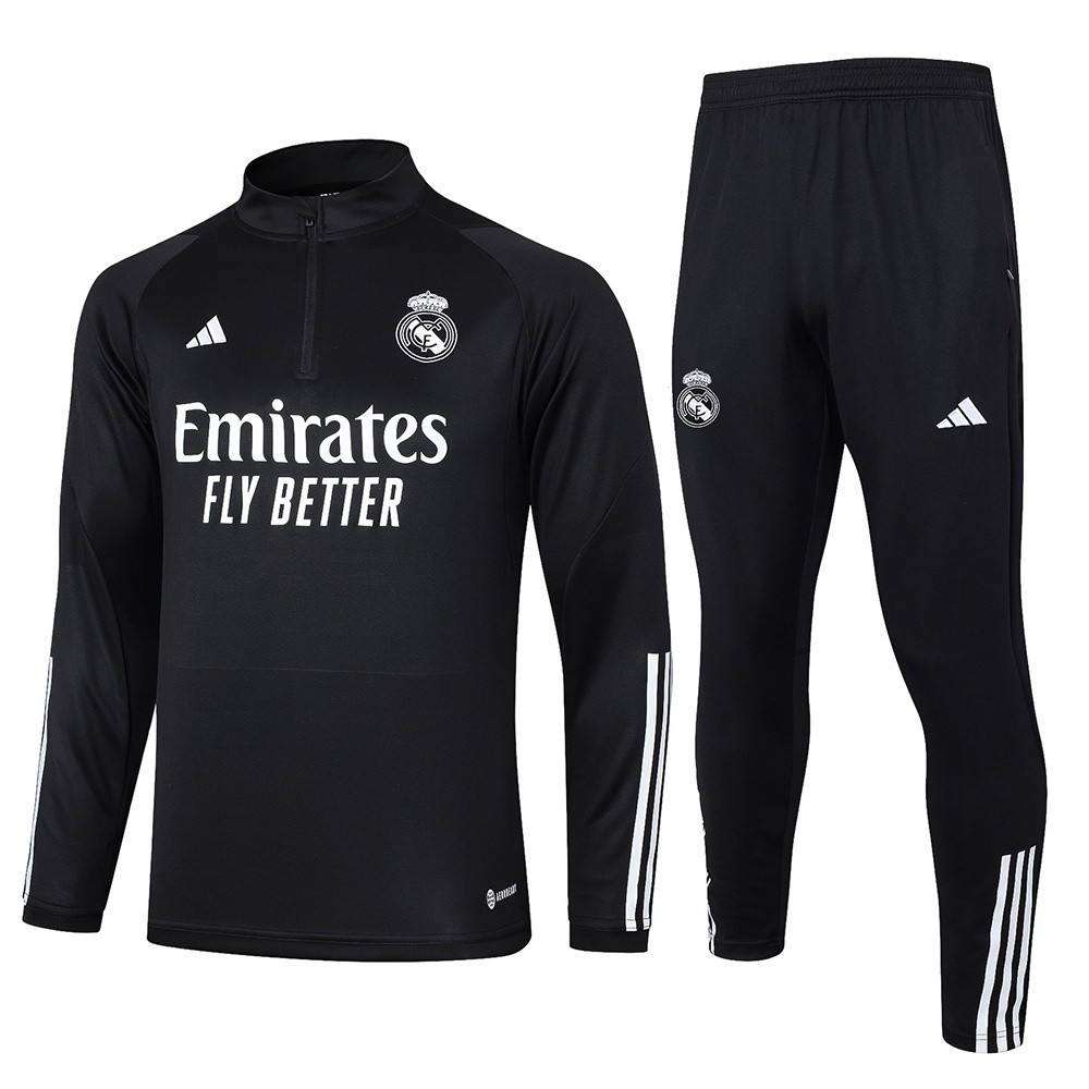 2023-2024 Real Madrid Homem Manga Comprida Meia Zipper Futebol Truta Ternos T-shirt Preto (Listras Brancas) & Calças Compridas