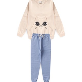 Conjunto Infantil Menina Moletom - Gatinha -Off White e Azul