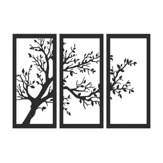 Quadro Decorativo Árvore na Janela Trio de Painéis MDF 3mm Preto Fosco