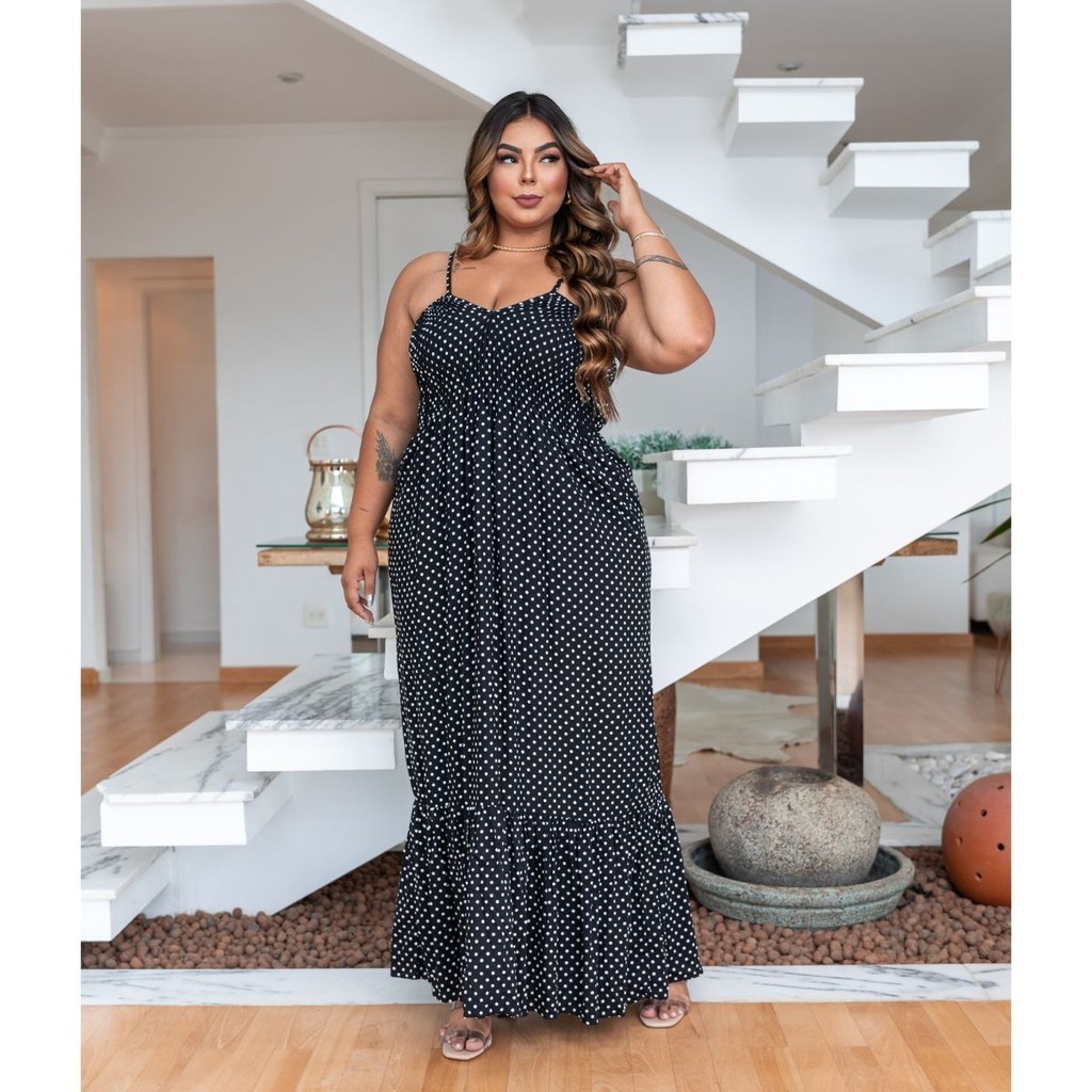 Vestido Plus Size Longo Lastex Decot V Alcinha Regulavel