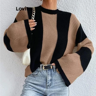 Lovito Suéter casual listrado colorblock para mulheres LNL55321