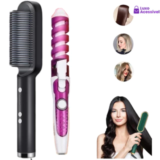 Kit De Cabelo Profissional : Escova De Observação Reta 3 Em 1 E Modelador De Cachos