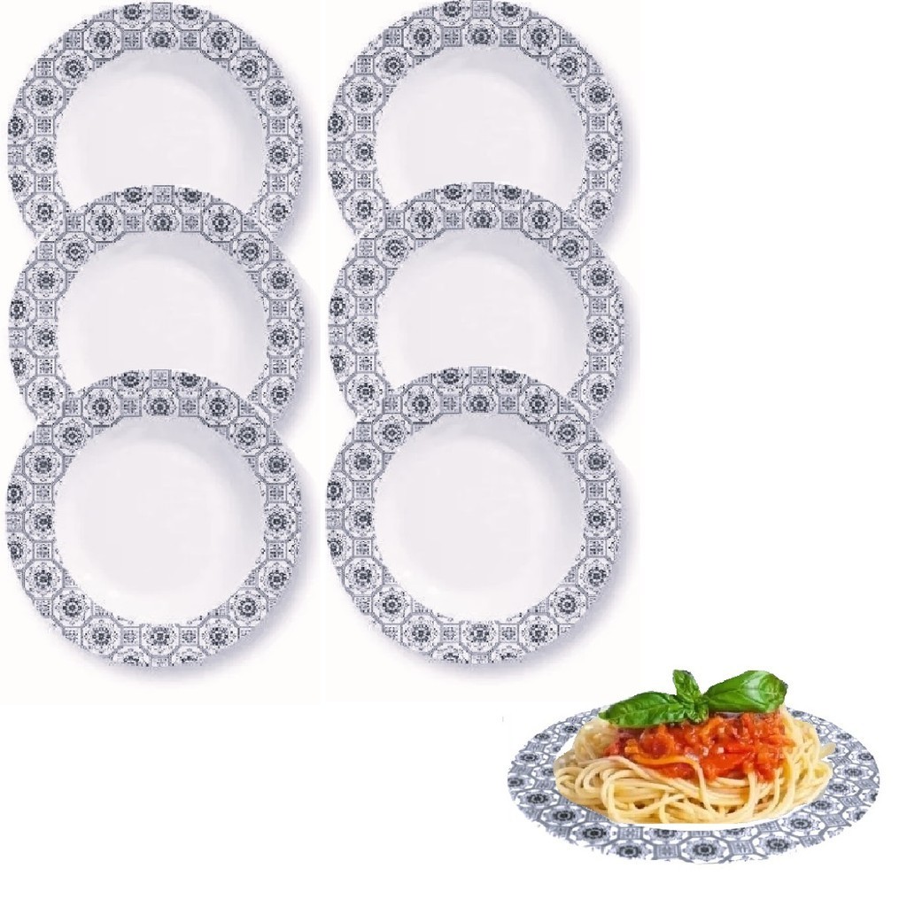 6 Pratos Fundo Preto Melamina Decorado 23cm Buffet Restaurante