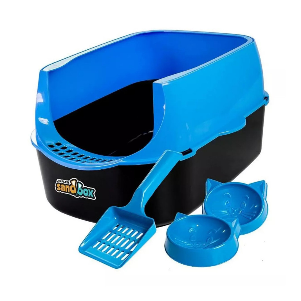 Kit Caixa Areia Furba Gatos Encantadora Alta Comedouro e Pá - Azul