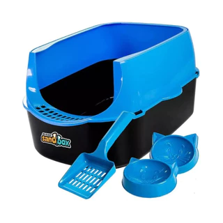 Kit Caixa Areia Furba Gatos Encantadora Alta Comedouro e Pá - Azul