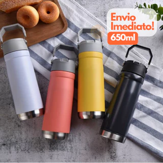 Garrafa Térmica Flip Straw com Alça 650ml Camada dupla Aço Inoxidável Isolamento Térmico Com Canudo P/ Academia Trabalho