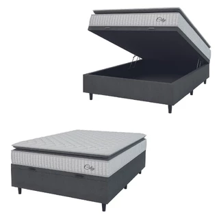 Cama Box Baú Colchão Casal Molas Ensacadas City Pillow Top 138x188x64cm Branco / Cinza Hellen - Suporta até 110kg por Pessoa