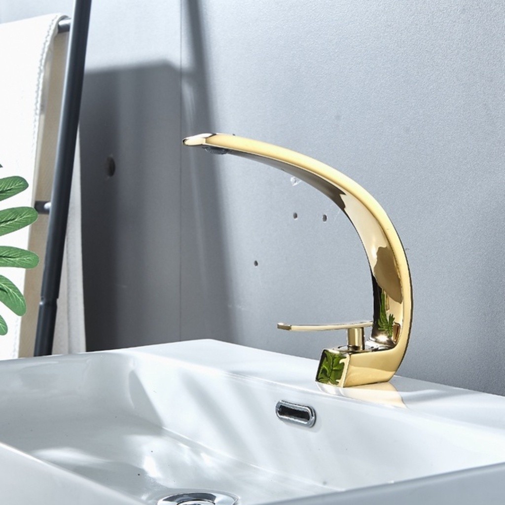Torneira Banheiro Lavabo Cascata Monocomando Curva Linha Luxo de Mesa Água Quente e Fria Cor Dourado