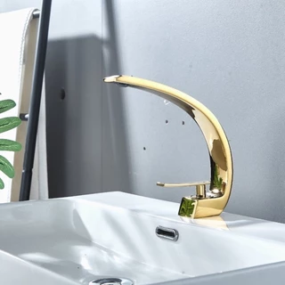Torneira Banheiro Lavabo Cascata Monocomando Curva Linha Luxo de Mesa Água Quente e Fria Cor Dourado
