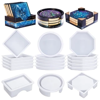 1 conjunto de moldes de resina de montanha-russa de silicone, moldes de suporte octógono quadrado redondo, moldes de silicone de montanha-russa para resina epóxi, esteiras de copo de artesanato de arte diy
