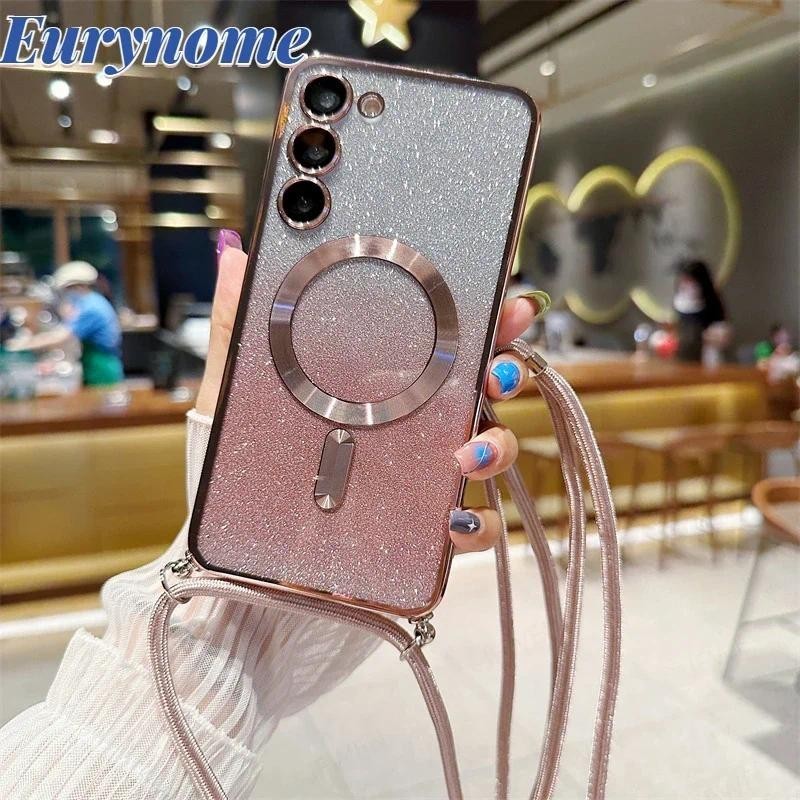 Samsung Galaxy S24 S23 S22 Ultra Plus S23 FE Nota 20 Crossbody Lanyard Gradient Glitter Capa De Carregamento Sem Fio Magnética De Revestimento Macio TPU