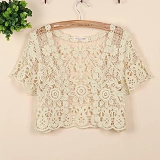 Rugas Frentes Abertas Femininas Cardigan Cortadas Em Malha Leve Renda Sólida