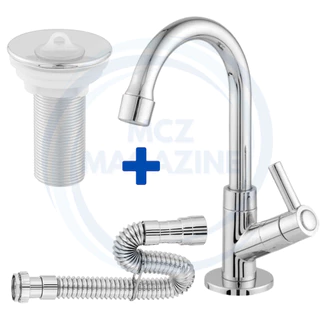 KIT Torneira Pia de Banheiro Cromada ABS + Valvula 7/8 Cromada + Sifão Universal Cromada