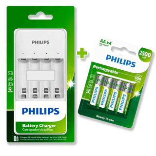 Carregador USB e 04 Pilhas AA 2500mAh Philips Recarregável 2A pequena 1 unidade