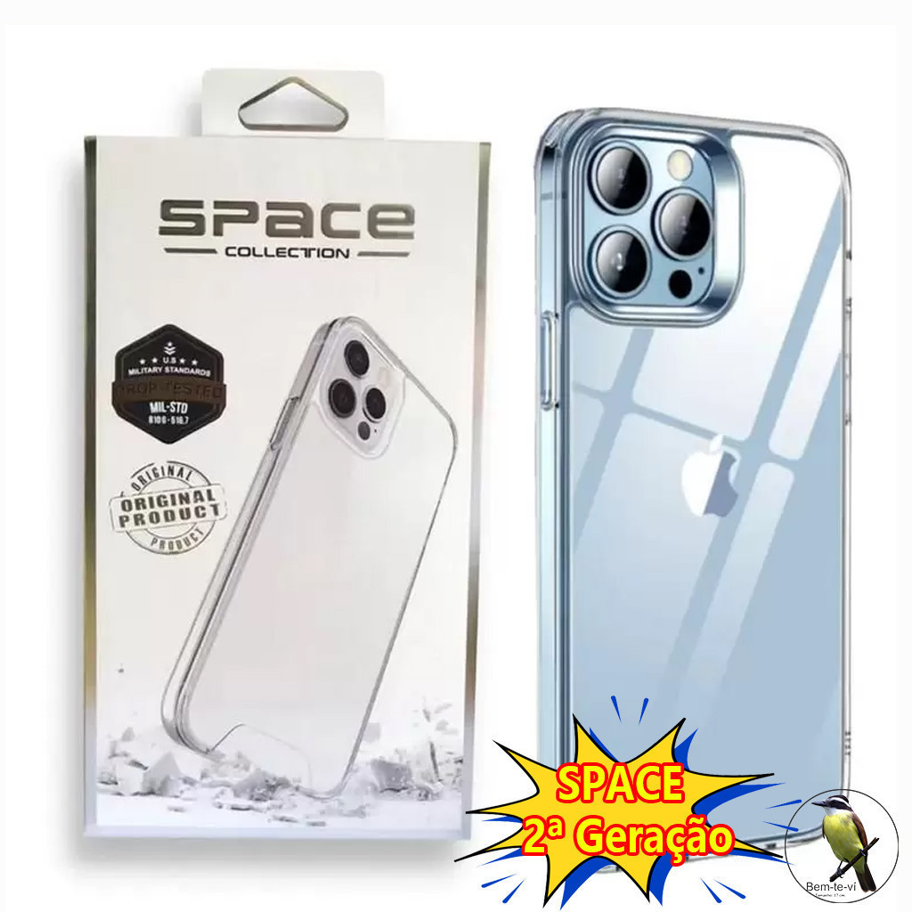 -Bemtevi-Capa Capinha SPACE 2ª Geração Transparente Clear Drop Protection Casing pra iPhone 6 7 8 Plus X XS MAX 11 12 13 14 15 promax