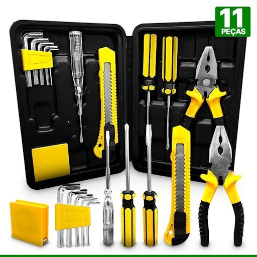 Kit de Ferramentas Com Maleta 11 Peças Alicate Chave Phillips Fenda Estilete Titanium
