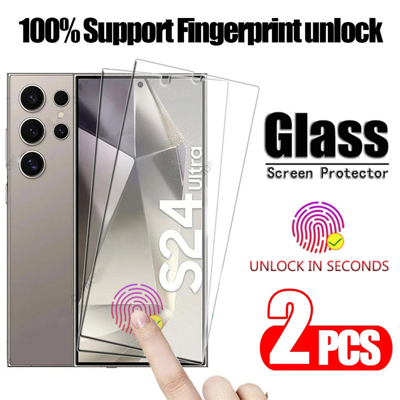 2PCS Vidro Temperado Samsung S24 Ultra S23 S21 S22 Plus Suporte Do Protetor De Tela Desbloqueio De Impressão Digital