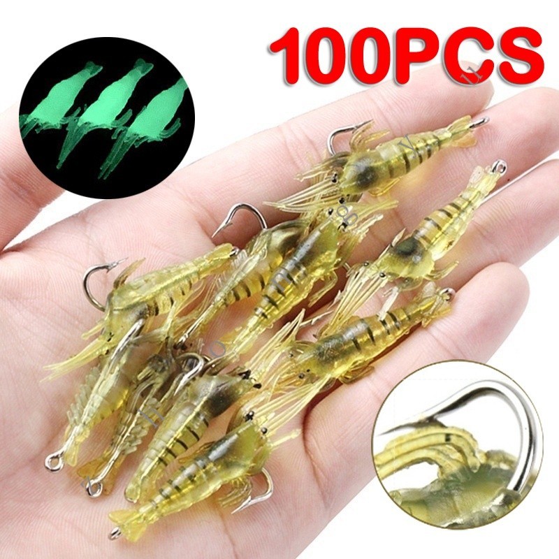 100pcs Isca artificial luminosa 4cm / 1,3g Isca Macia De Camarão Simulação Iscas De Pesca De Camarão Robalo Crank Hook Isca Tackle