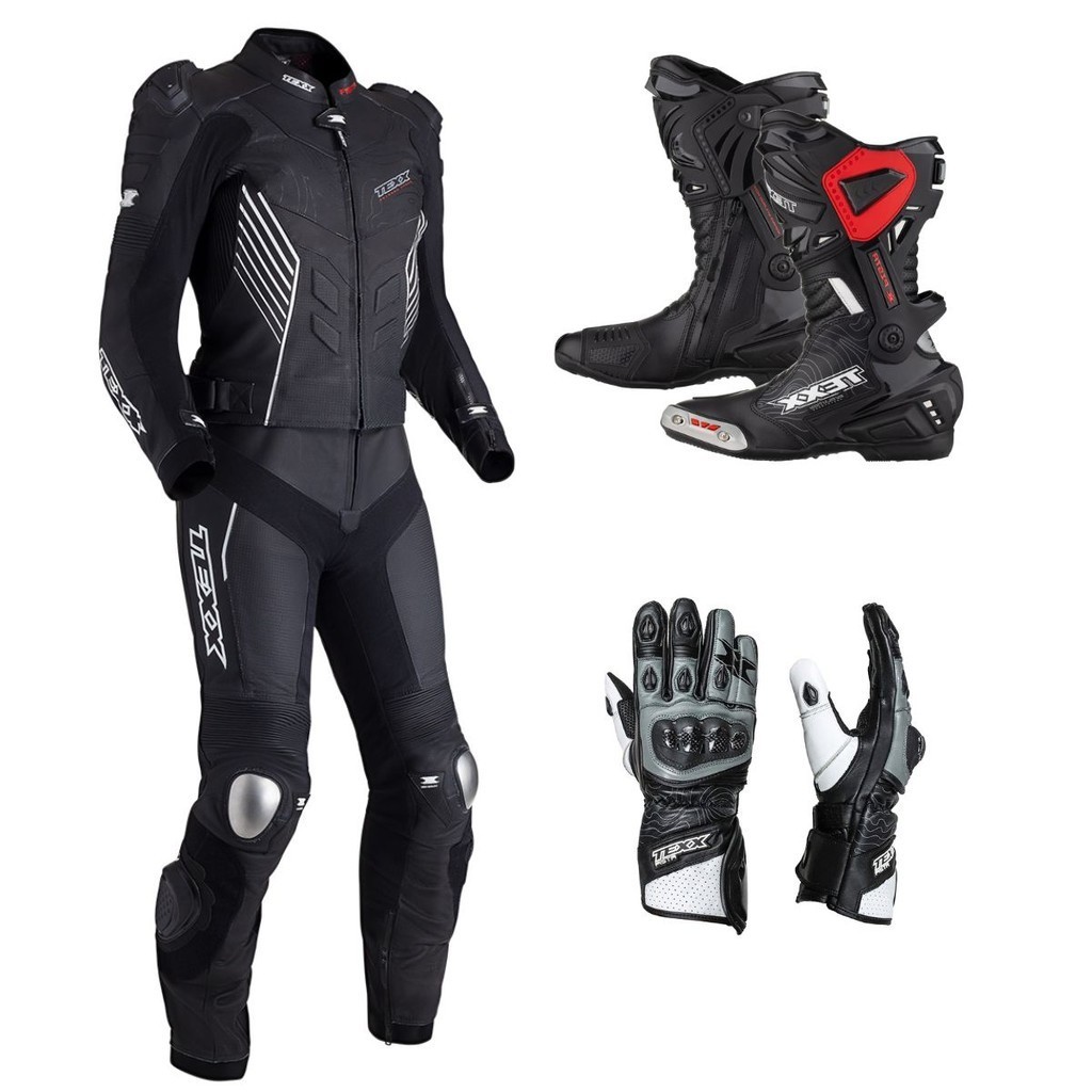 Kit Masculino Texx Macacão+Bota+Luva Pista 2 Peças Impermeável Couro Big Trail Com Proteção Motociclista