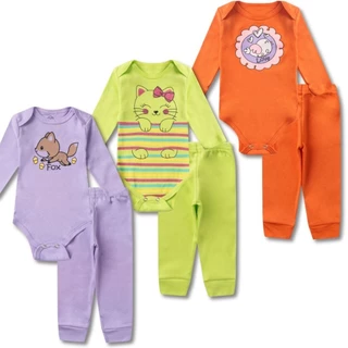 kit 6 peças Roupa Bebê Menino e Menina Body e Mijão com Punhos, Suedine 100% Algodão, Enxoval Atacado RN P M G e GG