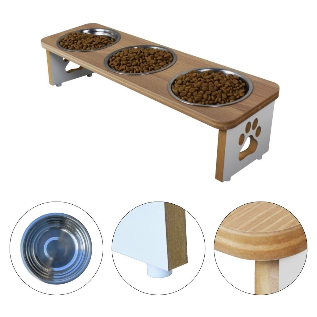 Comedouro Cachorro Elevado Pet Triplo MDF Linha Básica - Amadeirado