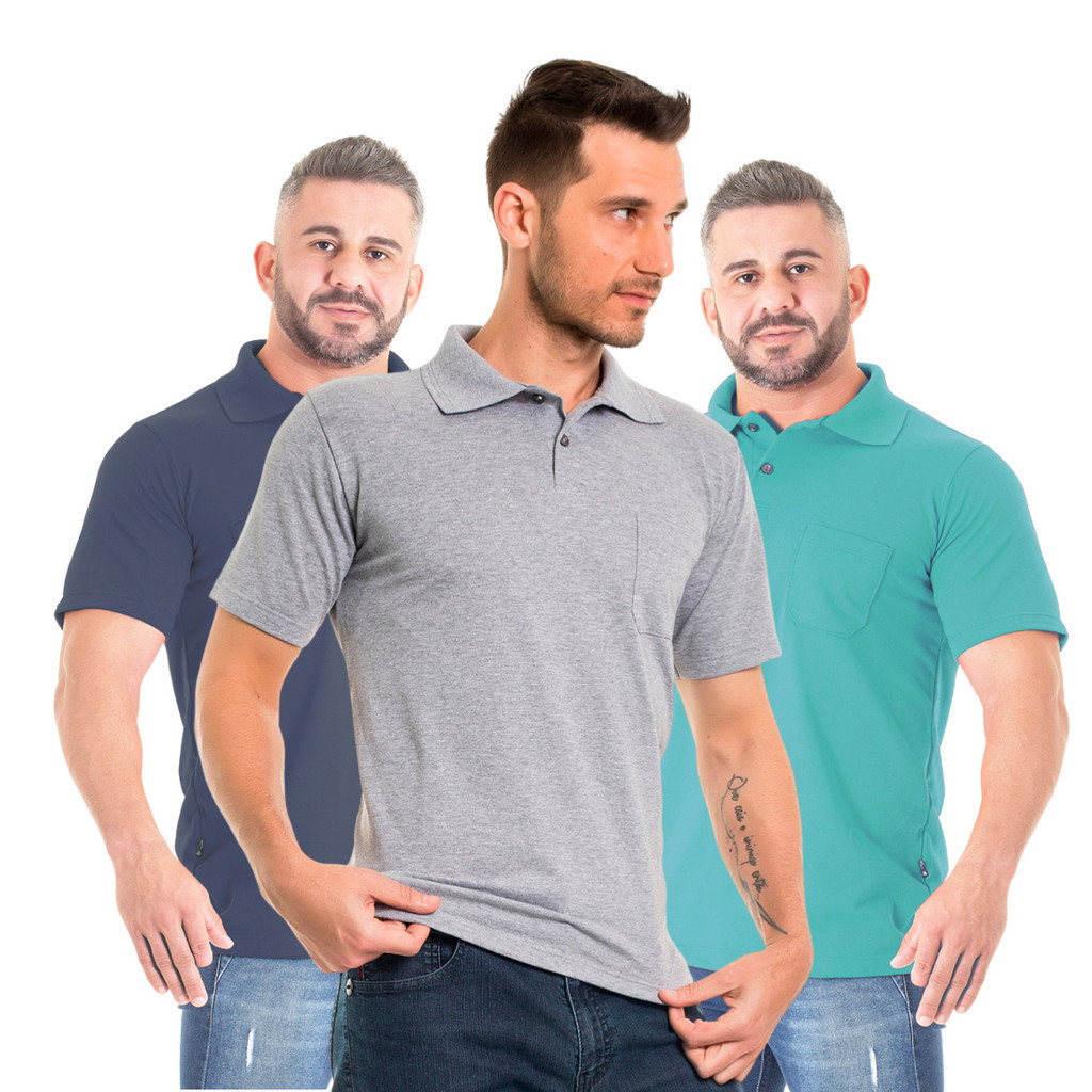 Kit 3 Camisas Polo Masculina Camiseta Com Bolso Atacado Tamanhos P M G GG G1 G2 G3. Tecido macio e que traz extremo conforto. Apresenta uma composição de Algodão e poliéster, proporcionando um produto resistente, leve, confortável, versátil, macio.