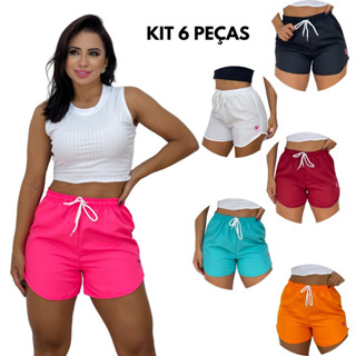 shorts Feminino Tactel Kit Com 6 Peças Moda Verão Saída de praia Shortinho Canga Bermuda de Academia Envio Rápido
