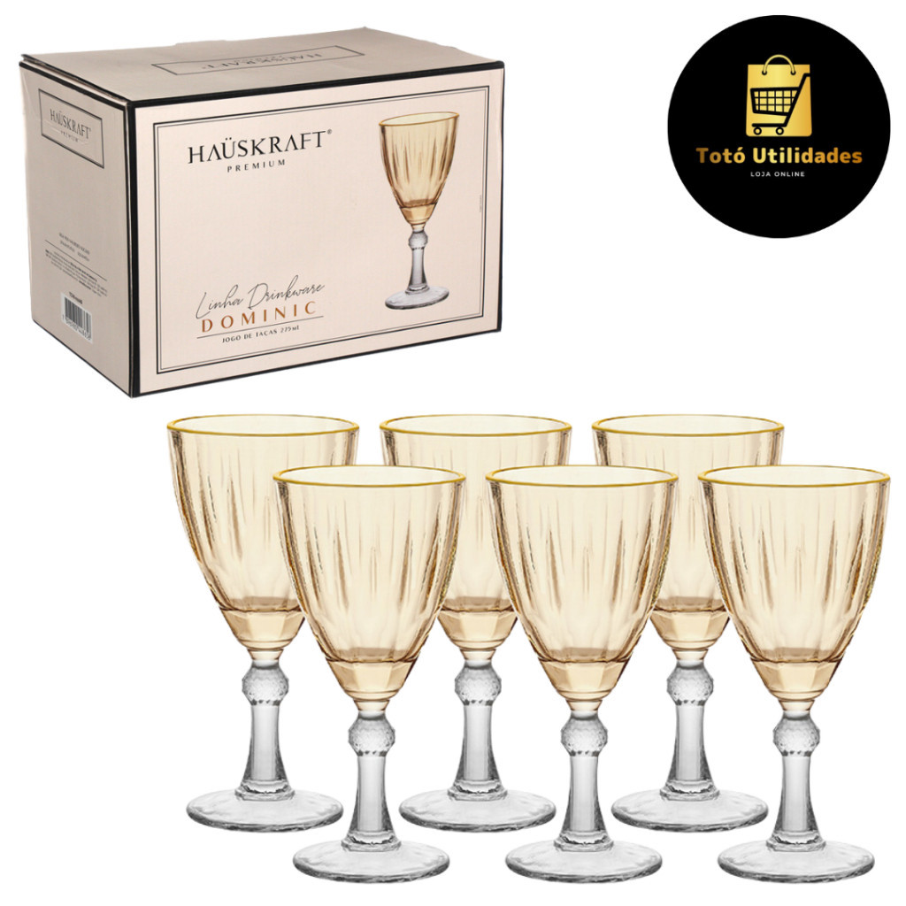 Jogo 6 Taças Água/Vinho Dominic Vidro Ambar Borda Dourada 275ml Hauskraft