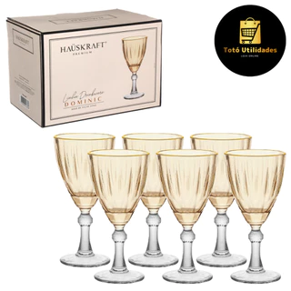 Jogo 6 Taças Água/Vinho Dominic Vidro Ambar Borda Dourada 275ml Hauskraft