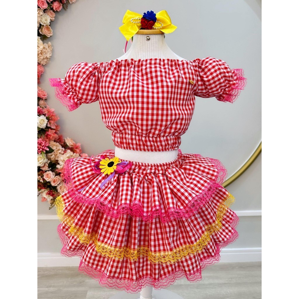 Roupa De Quadrilha Infantil Cropped E Saia Festa Junina Conjunto