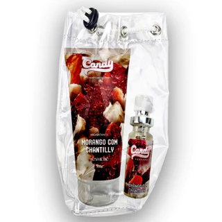 Perfume 7ml + Hidratante 200g + Necessaire - Essencia Morango Com Chantilly Candy