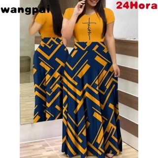 Vestido longo plus size elegante feminino manga curta gola redonda estampado
