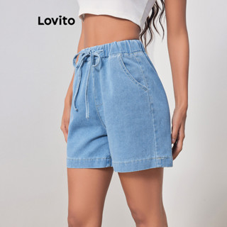 Lovito Casual Short Jeans Feminino Simples com Bolso e Amarra LBL07070