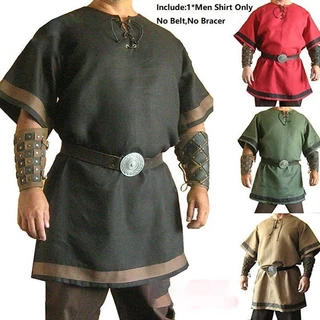 Traje Medieval Norman Viking Halloween Túnica Manga Curta Tops Camisa Longa Traje Cosplay